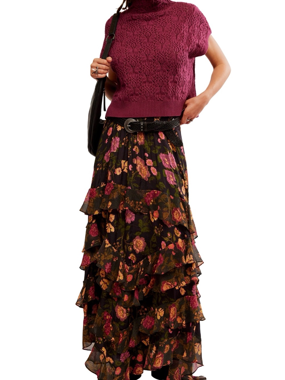 Free People Black Floral High-Low Ruffle Maxi Skirt with Pink & Green Accents - Picture 10 of 10